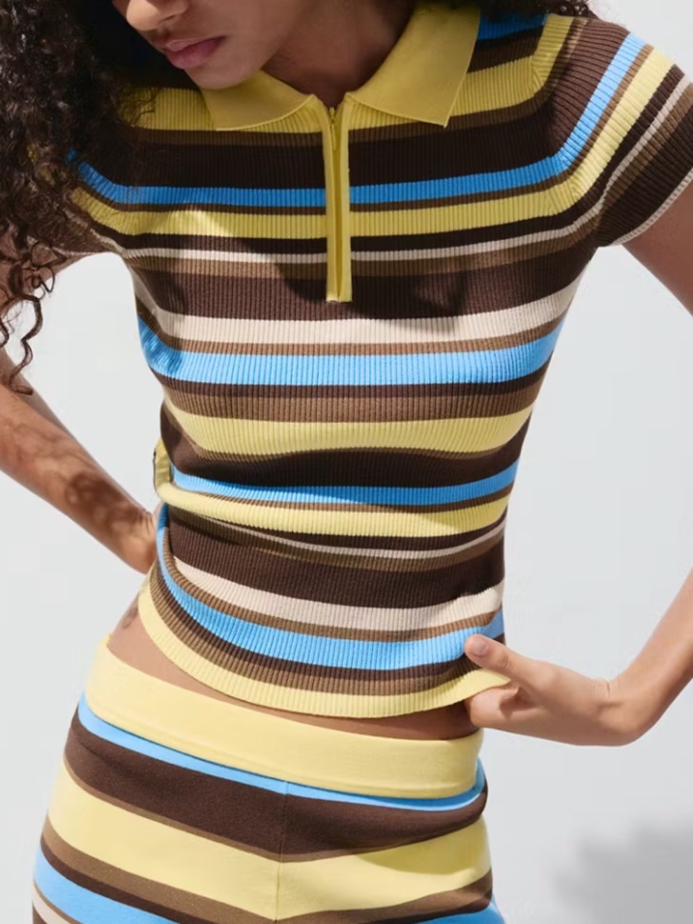 Mango Short-Sleeve Striped Polo Top in Yellow, Brown & Blue STRIPED RIB SWEATER